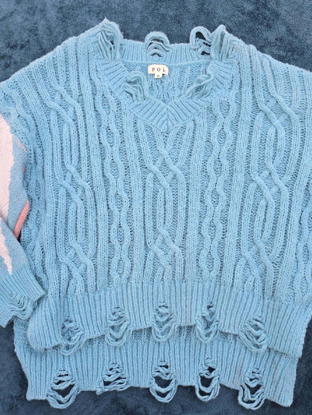 POL Light Blue Distressed Cable V-Neck Sweater